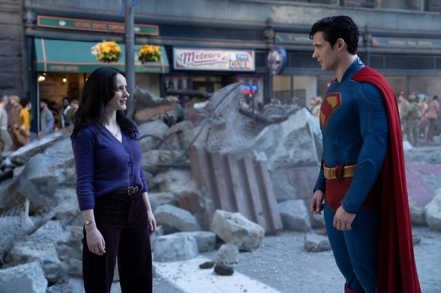 Rachel Brosnahan (left) and David Corenswet star in "Superman." (Warner Bros.)