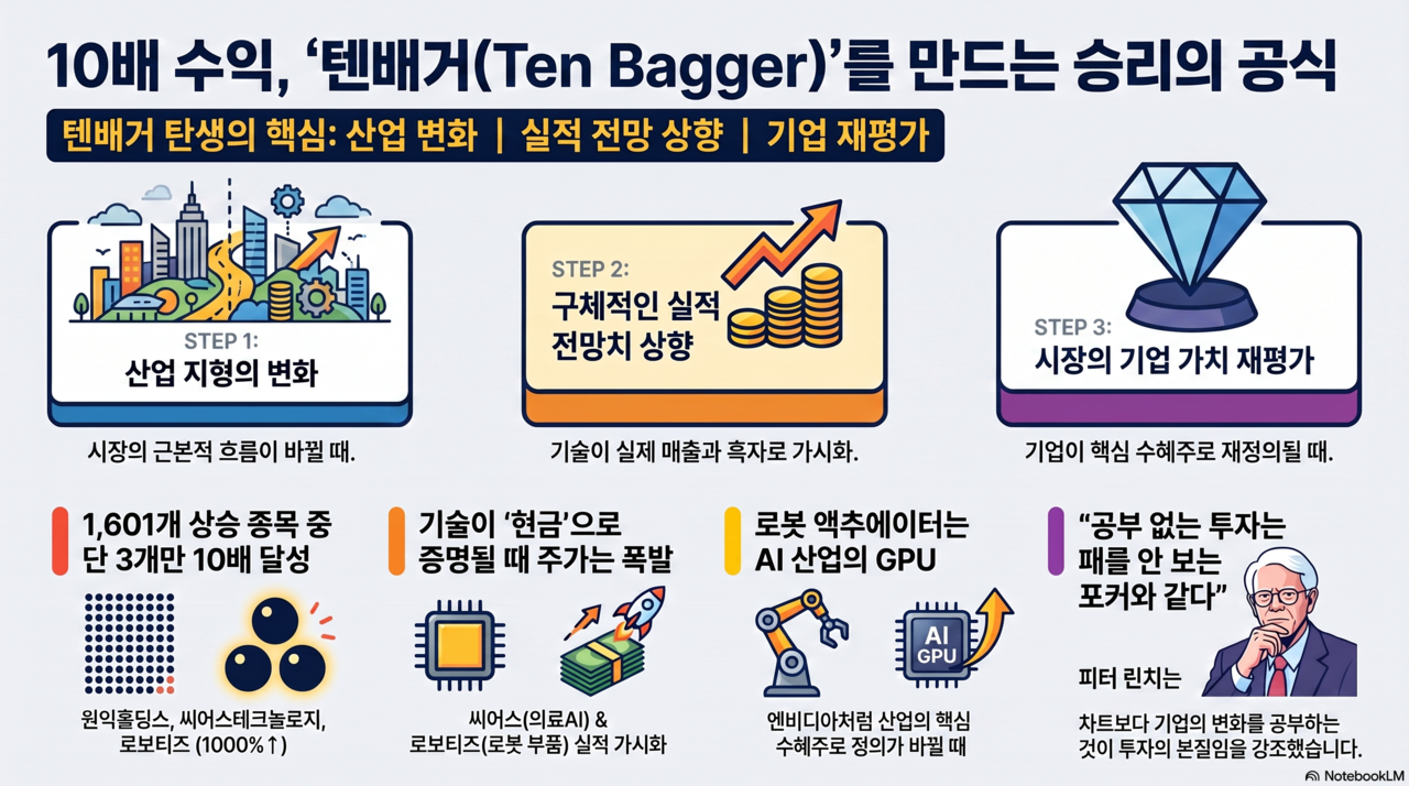 텐배거가 만들어지는 과정을 정리한 인포그래픽. [NotebookLM]