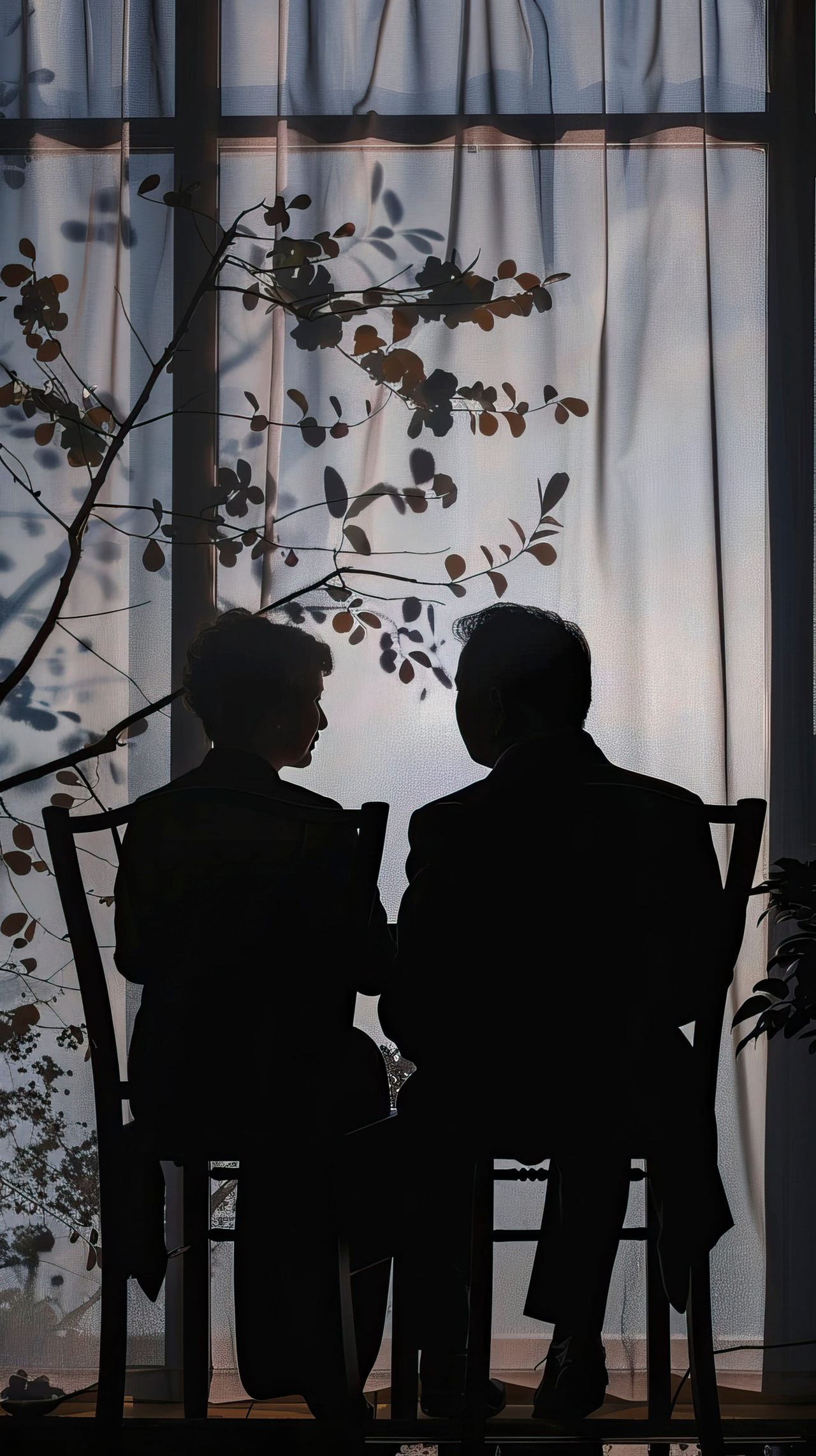 A silhouette of an elderly man and woman sitting on chairs by a window. (123rf)