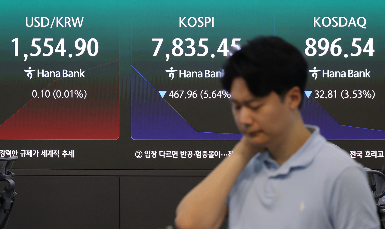 An electronic board showing the Korea Composite Stock Price Index at a dealing room of the Hana Bank headquarters in Seoul on Thursday. (Yonhap)