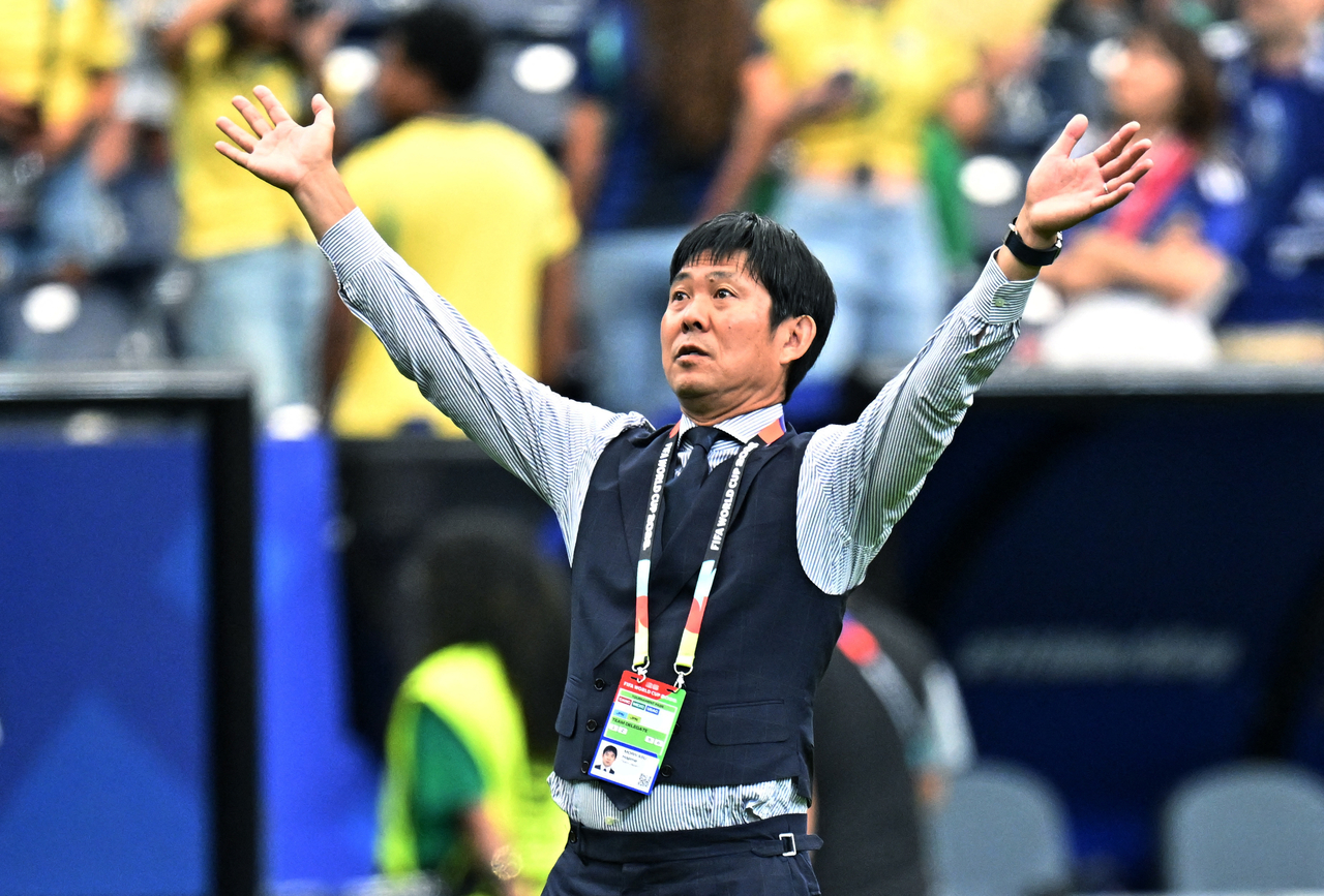 Japan’s head coach Hajime Moriyasu reacts after the 2026 World Cup match against Brazil, at Houston Stadium in Houston, Texas, Monday.   (Reuters-Yonhap)