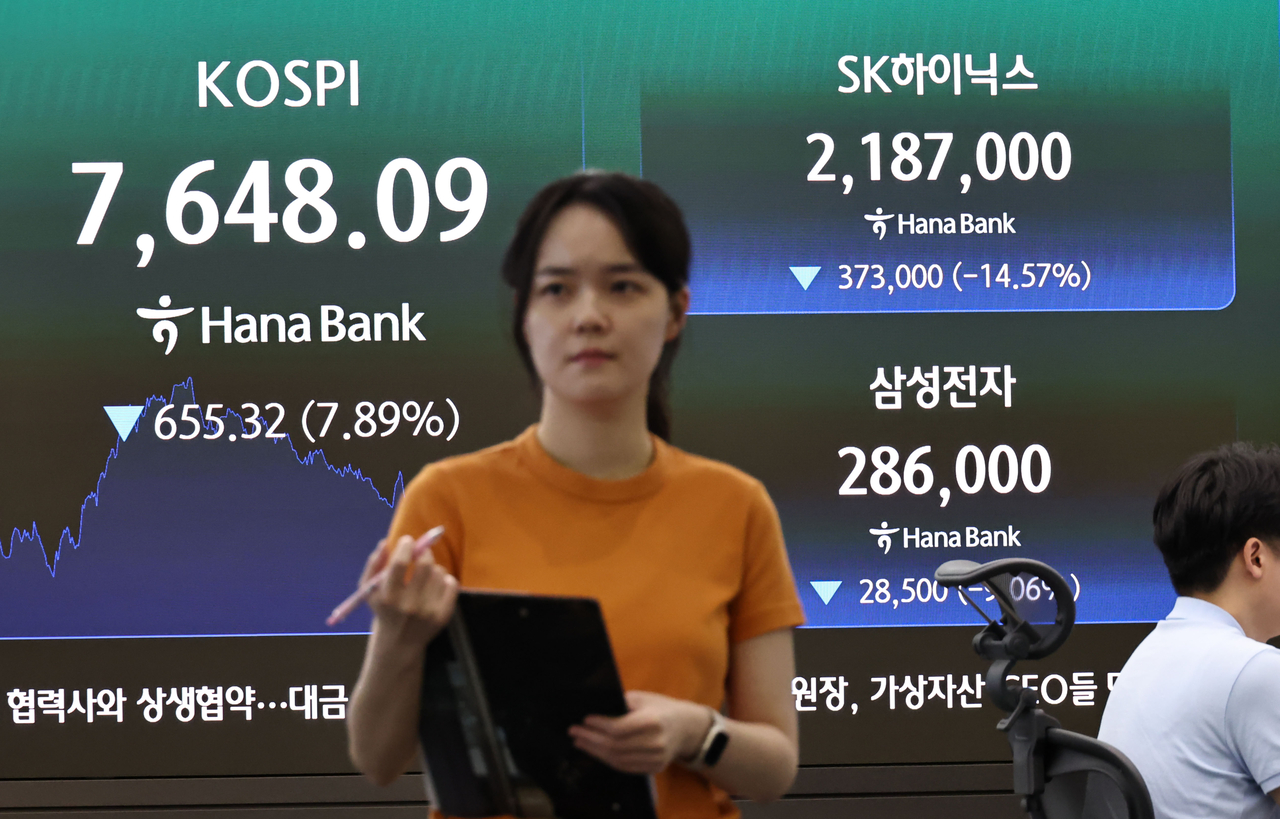 A financial data screen at Hana Bank's dealing room in central Seoul shows the benchmark Kospi closing 7.89 percent lower at 7,648.09, while SK hynix and Samsung Electronics each dipped 14.57 percent and 9.06 percent on Thursday. (Yonhap)