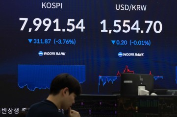 코스피 지수가 5%넘게 급락하며 매도 사이드카가 발동된 2일 오전 서울 중구 우리은행 딜링룸에 코스피 지수 등잎 표시돼 있다. 윤창빈 기자