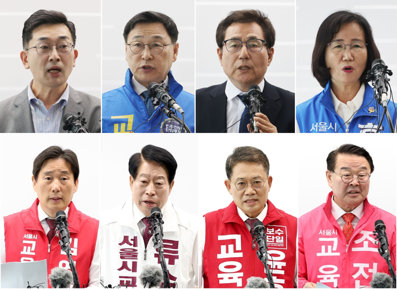 Portraits of the eight Seoul Education Superintendent candidates. Top row, from left: Lee Hak-in, Jung Geun-sik, Han Man-jung and Hong Jae-nam. Bottom row, from left: Kim Young-bae, Ryu Sun-o, Yoon Ho-sang and Cho Chun-hyuk. (Yonhap)