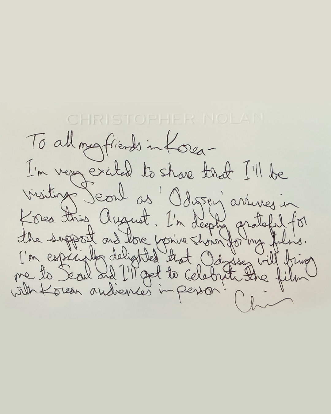 A handwritten letter sent by Christopher Nolan (Universal Pictures)