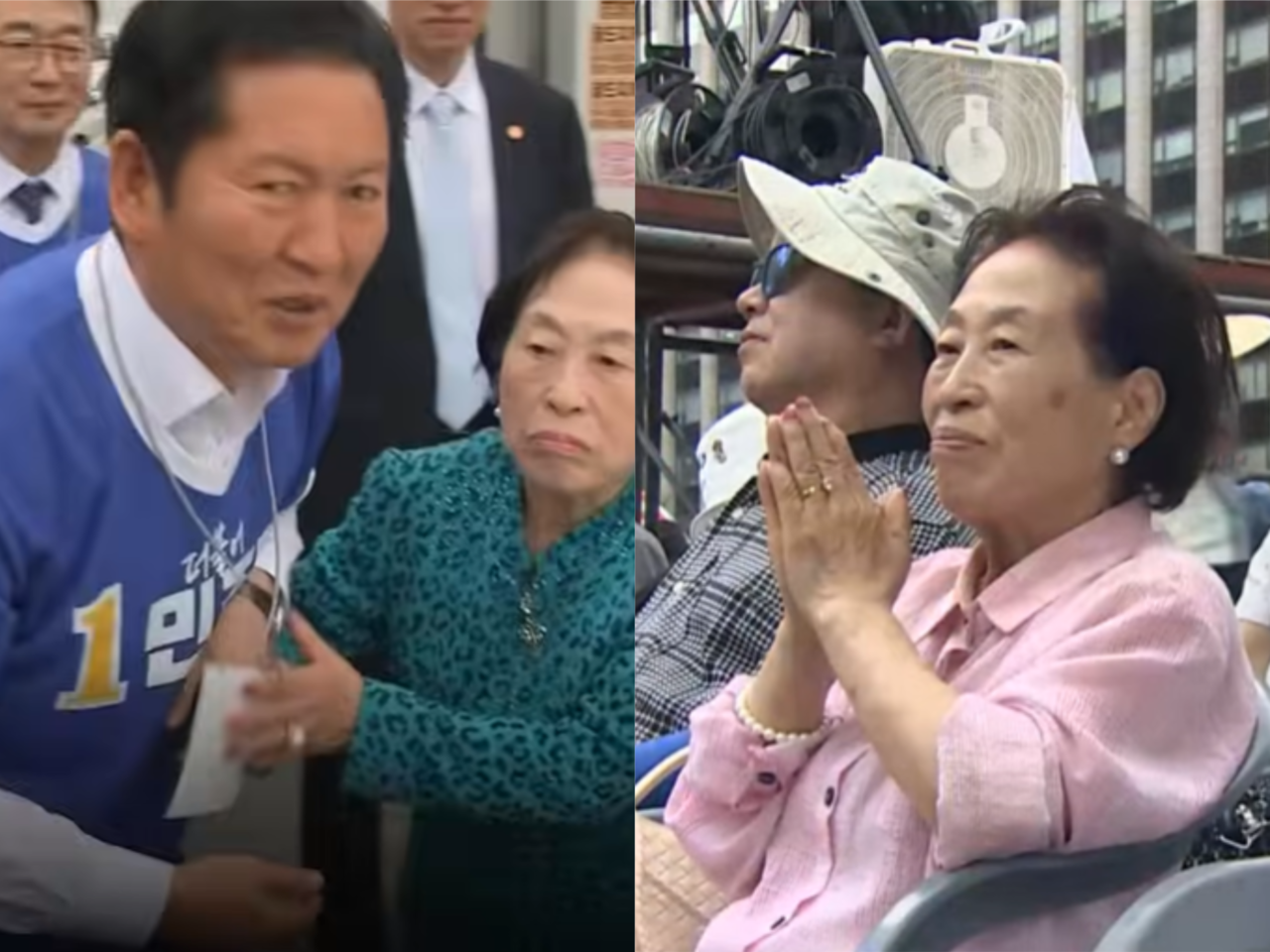 정청래 더불어민주당 대표와 전원주(좌), ‘한미동맹단’의 집회 참석한 전원주(우)/유튜브 델리민주,한길뉴스 캡처