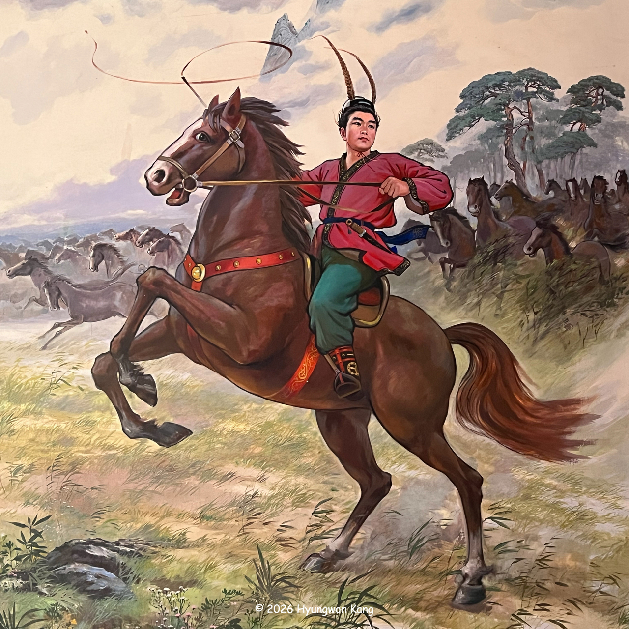 A mural depicting the young Jumong on horseback is displayed in the reception building at the entrance to the Complex of Koguryo Tombs, near Pyongyang. (Hyungwon Kang)