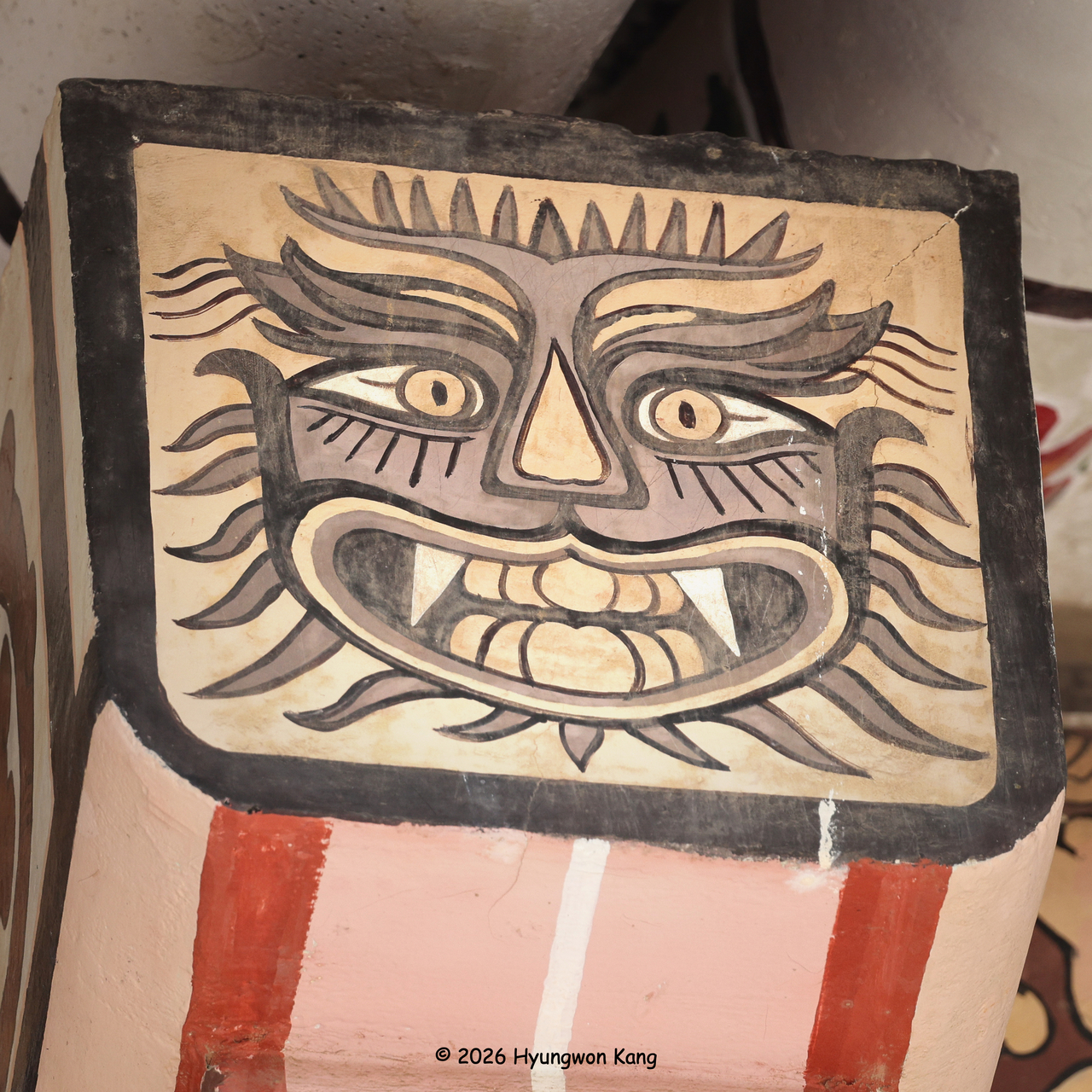 A gwimyun, a guardian face believed to ward off evil spirits, decorates the entrance gate of the Complex of Koguryo Tombs, near Pyongyang. (Hyungwon Kang)