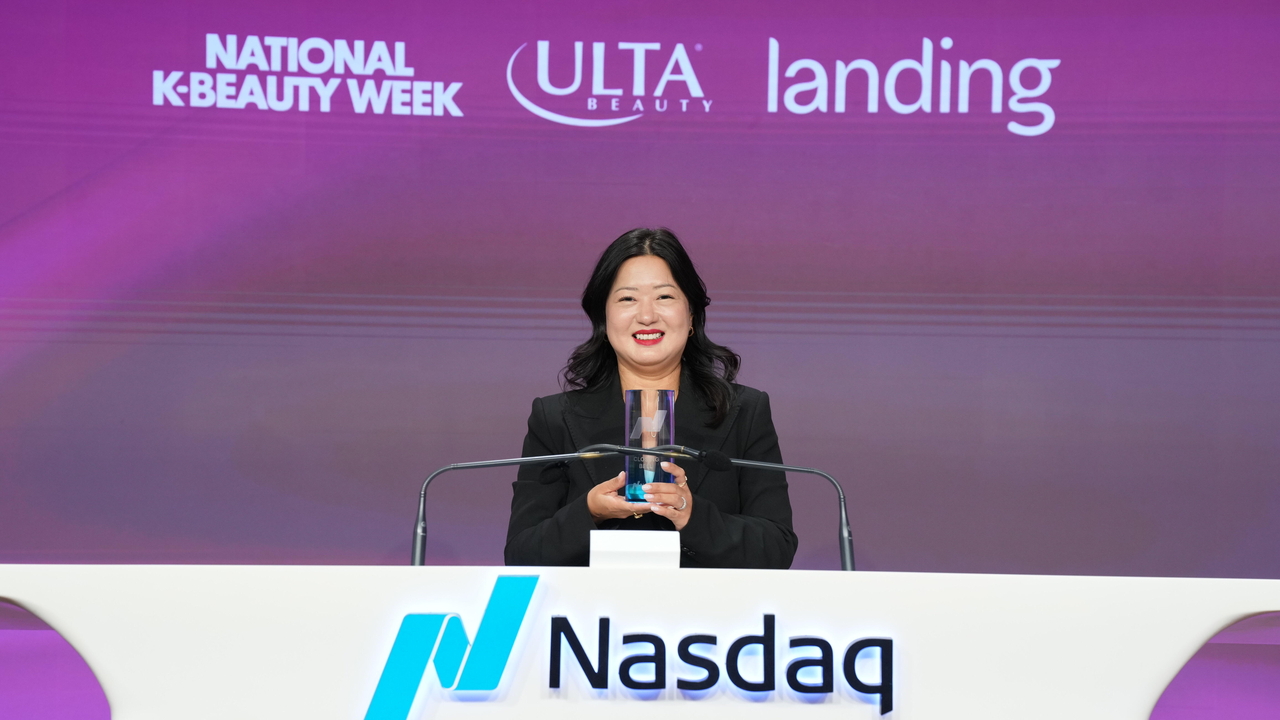 Landing International CEO Sarah Chung Park at the Nasdaq Closing Bell ceremony in May for National K-Beauty Week. (Landing International)
