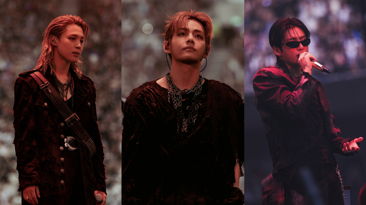 From left: Jimin, V and Jungkook perform during the