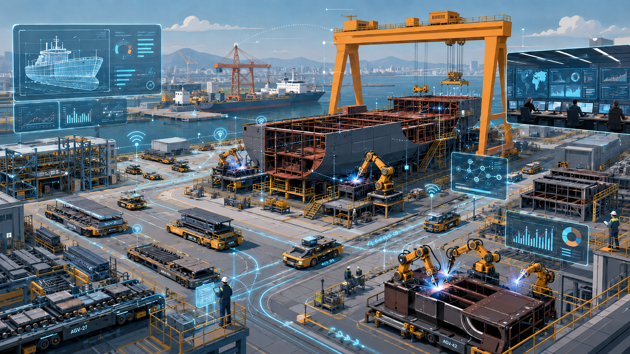 An AI-generated image depicting a smart shipyard concept