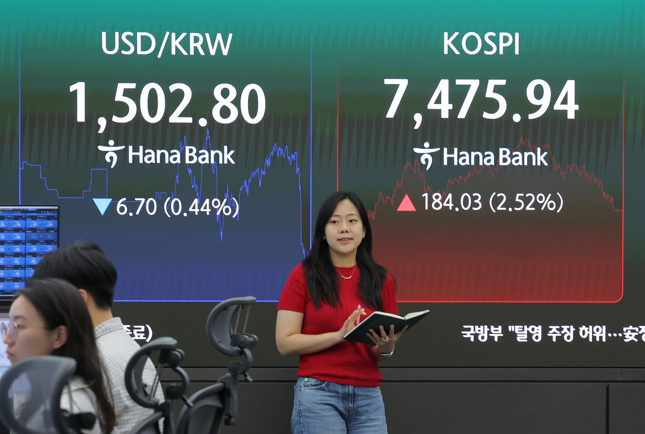 An electronic board showing the Korea Composite Stock Price Index at a dealing room of the Hana Bank headquarters in Seoul on Friday. (Yonhap)