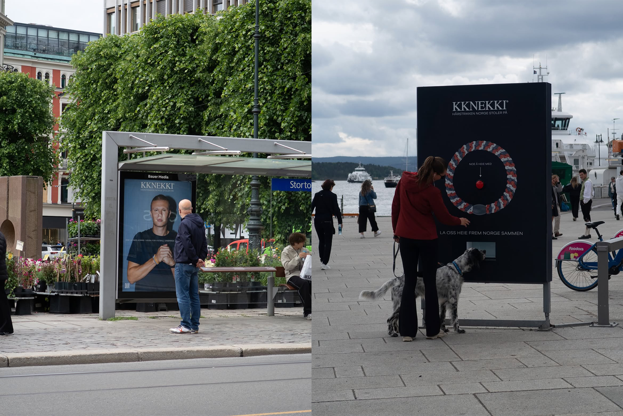 An outdoor campaign in Oslo, Norway, promoting the Erling Haaland x Kknekki collaboration ahead of the 2026 FIFA World Cup (Instagram @kknekki)