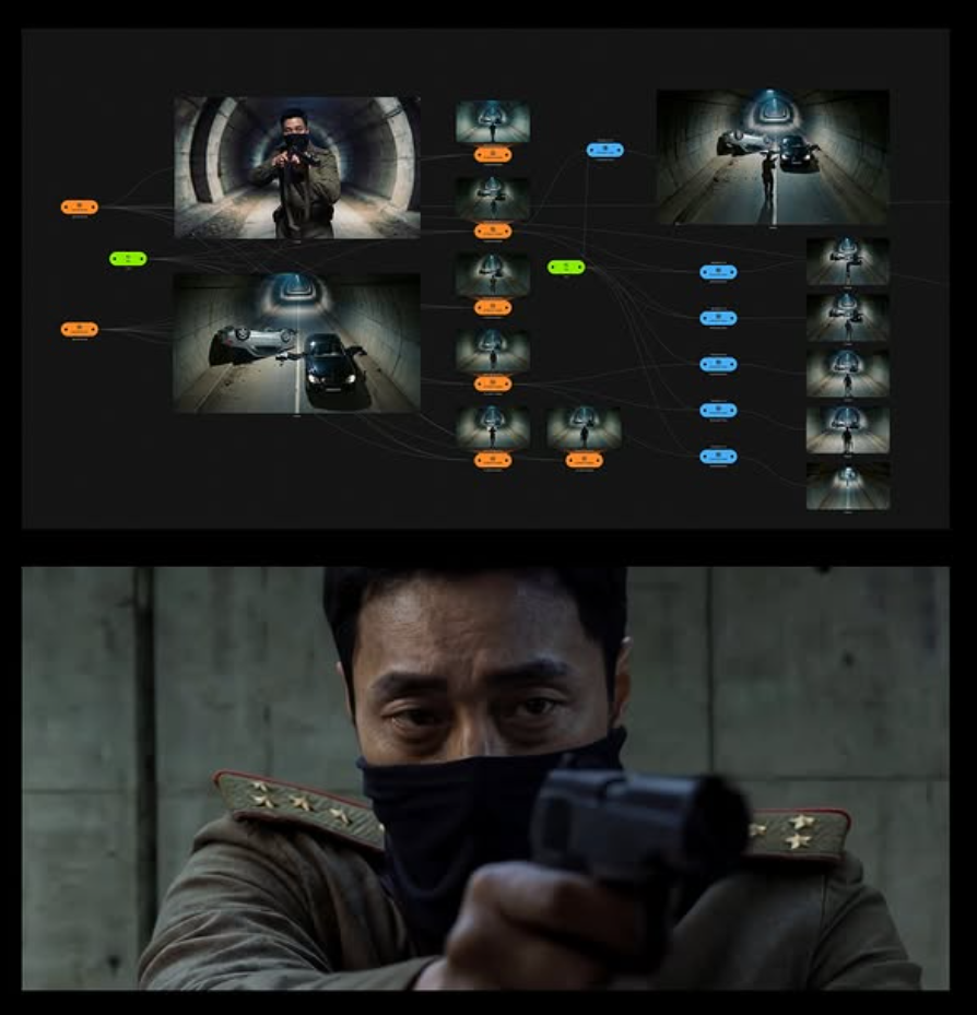 Production still from 'Agent Kim Reactivated' sequence created with AI (Morpheus Studio)