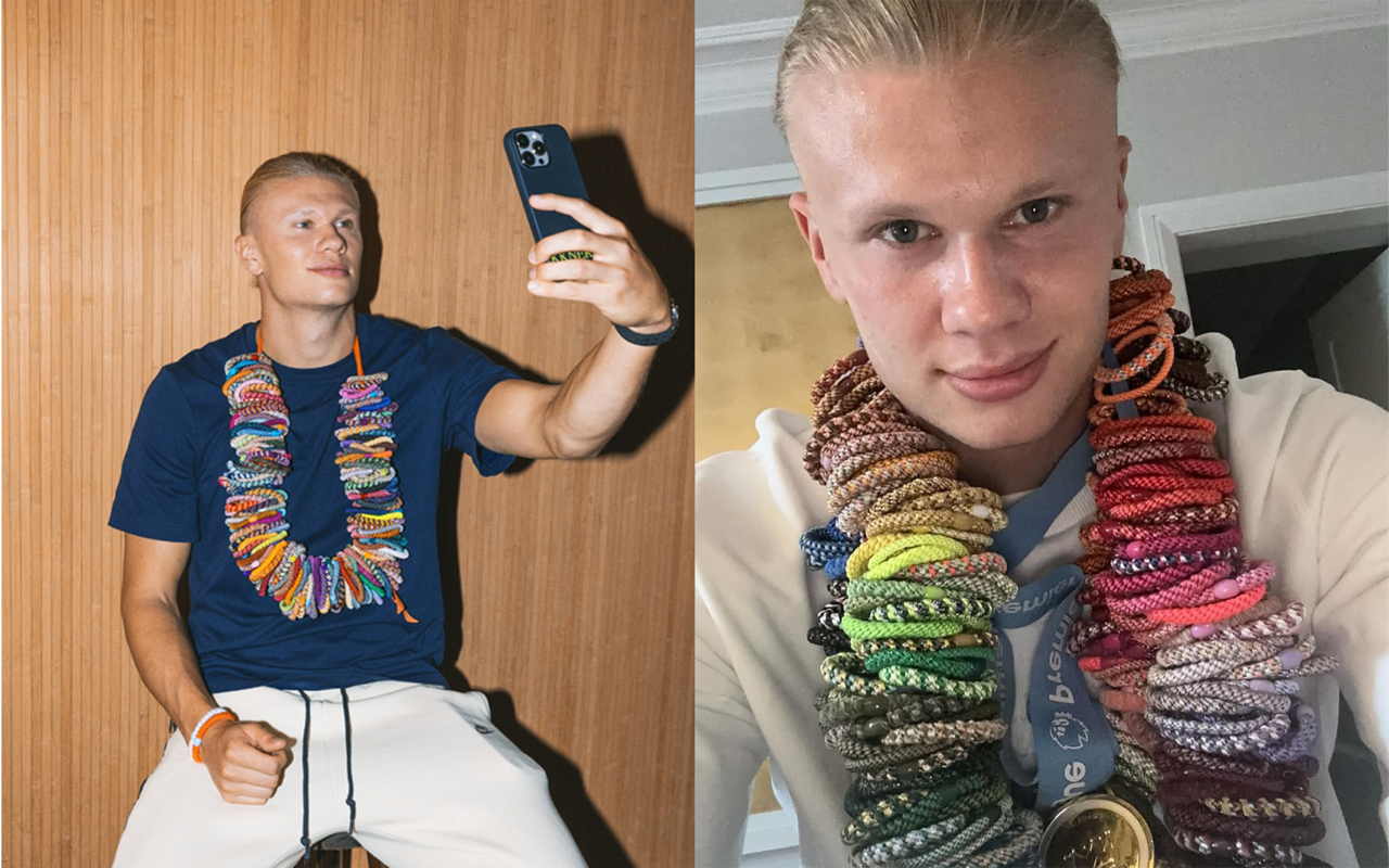 Haaland wraps himself in a necklace of Kknekki hair ties. (Instagram @kknekki)