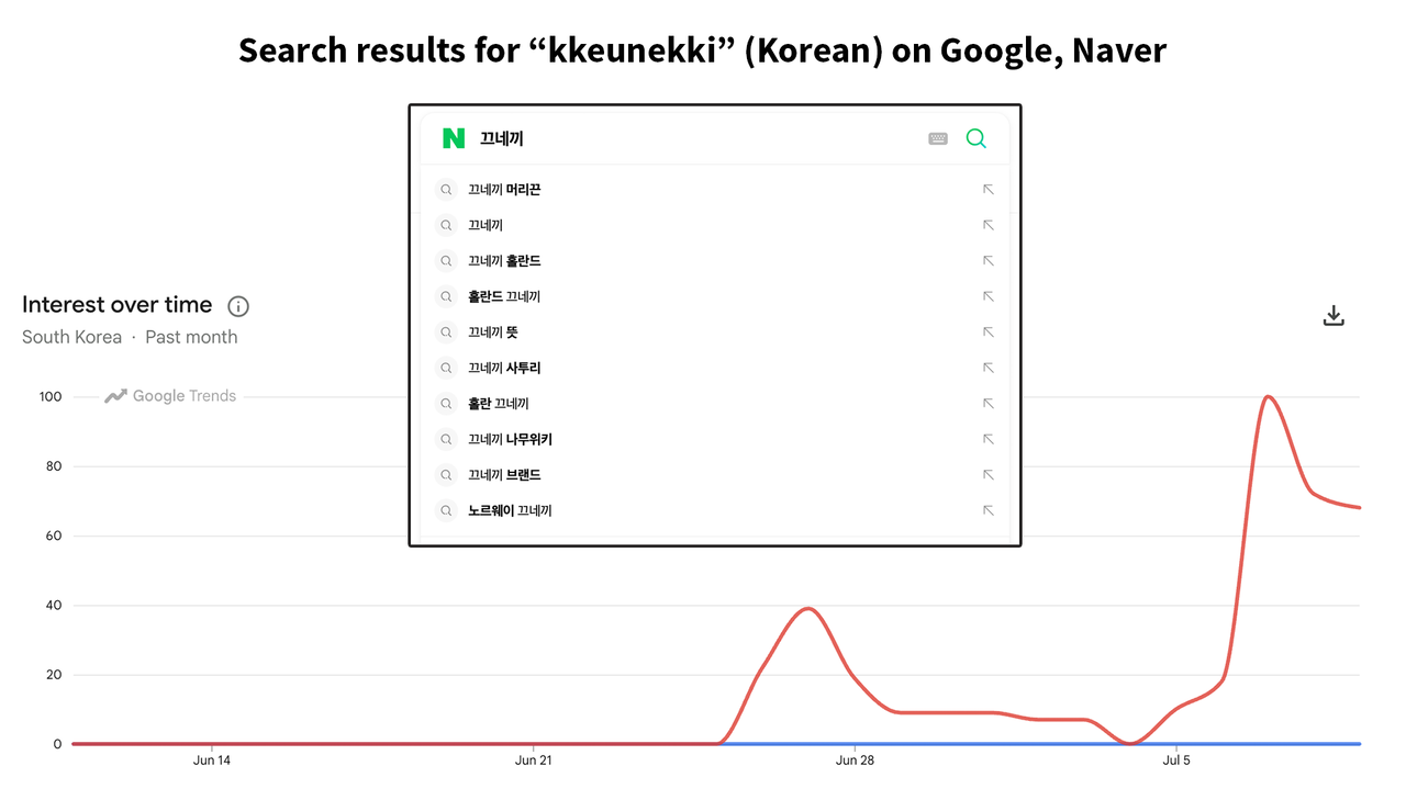 Interest in the word "kkeunaekki" soared across Korean search platforms as Haaland's hair tie became an unexpected talking point during the World Cup. (Google Trends, Naver)