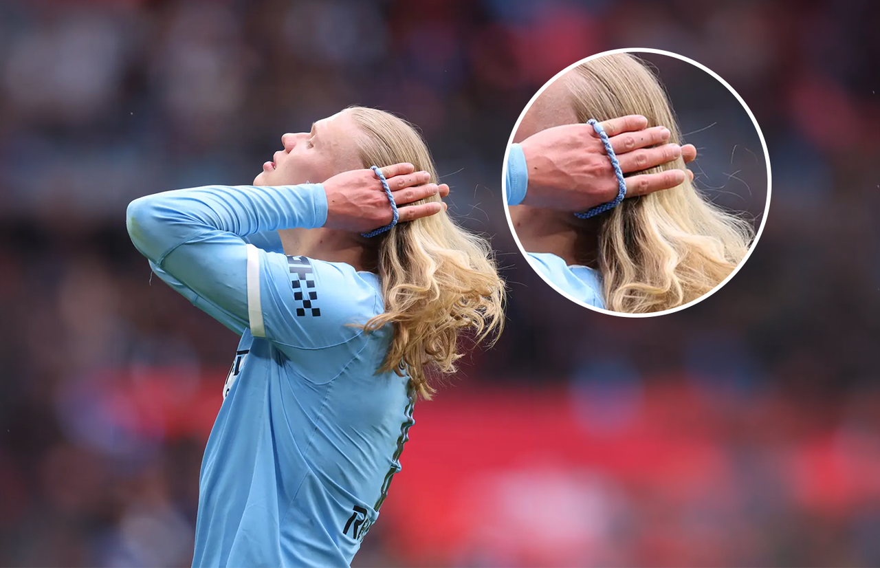 Erling Haaland has frequently been spotted wearing a colorful hair tie. Sharp-eyed fans have noticed that he often matches its color to his kit. (Catherine Ivill/Getty Images)
