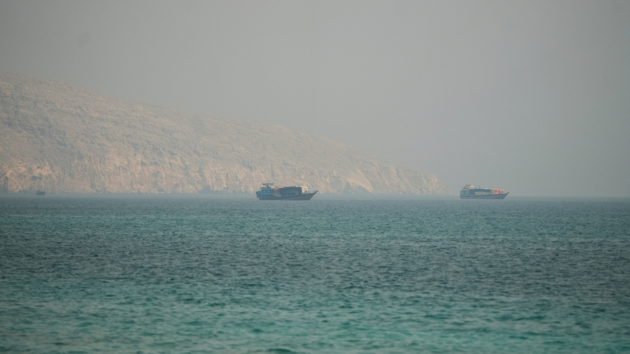 Vessels at the Strait of Hormuz, as seen from Musandam, Oman, on July 9, 2026. (Reuters-Yonhap)