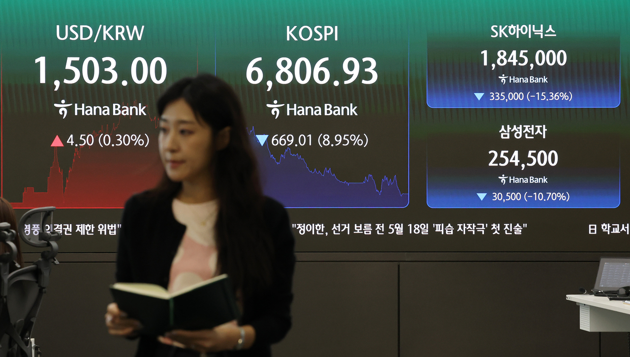 An electronic board showing the Korea Composite Stock Price Index at a dealing room of the Hana Bank headquarters in Seoul on Monday. (Yonhap)
