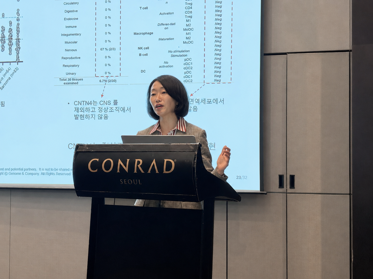 차미영 지놈앤컴퍼니 신약연구소장이 9일 서울 여의도 콘래드호텔에서 열린 기자간담회에서 발언하고 있다. [지놈앤컴퍼니 제공]