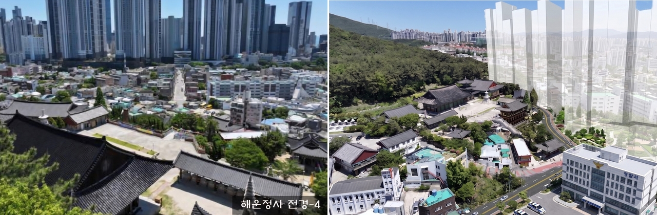 해운정사 전경(왼쪽)과 아파트가 건립됐을 경우 가상도 [해운정사 제공]
