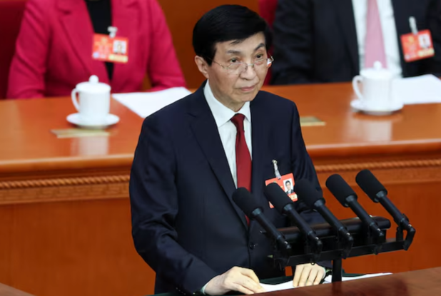Chinese People's Political Consultative Conference Chairman Wang Huning speaks at the opening session of the Chinese People's Political Consultative Conference at the Great Hall of the People in Beijing, China, in March 2025. (Reuters via Yonhap)