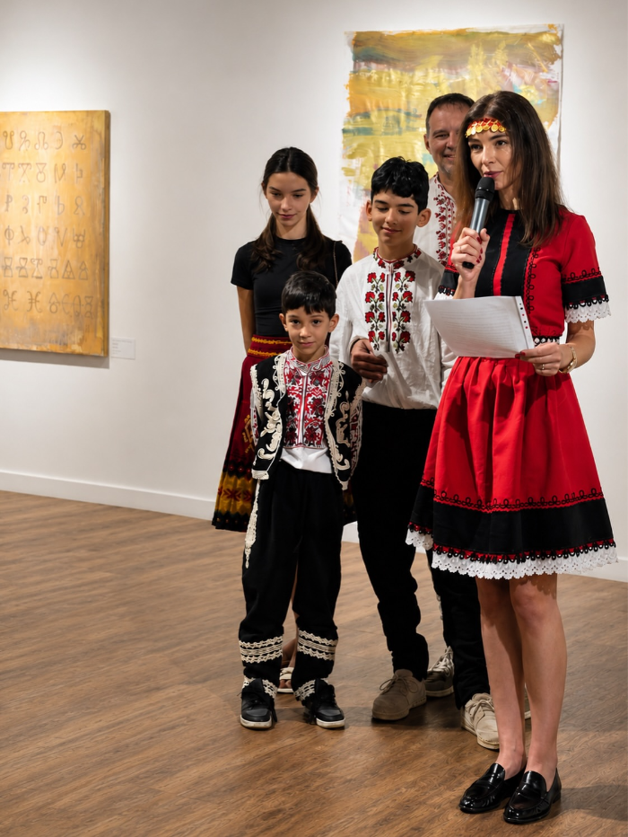 Bulgarian contemporary artist Lina Patron, her husband, daughter and two sons, dressed in traditional Bulgarian attire, deliver welcoming remarks during the opening event for their family art exhibition, Geometry of Love, at Geumboseong Art Center in Pyeongchang-dong, Jongno-gu, Seoul, on July 1. (Lina Patron)