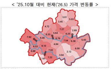 한국부동산원 전국주택가격동향조사 (월간동향 아파트 매매가격지수) 기반 서울 자치구별 아파트 가격 변동률. [서울시 제공]