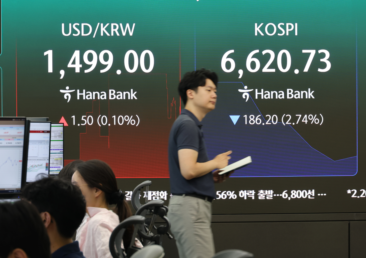 An electronic board showing the Korea Composite Stock Price Index at a dealing room of the Hana Bank headquarters in Seoul on Tuesday. (Yonhap)
