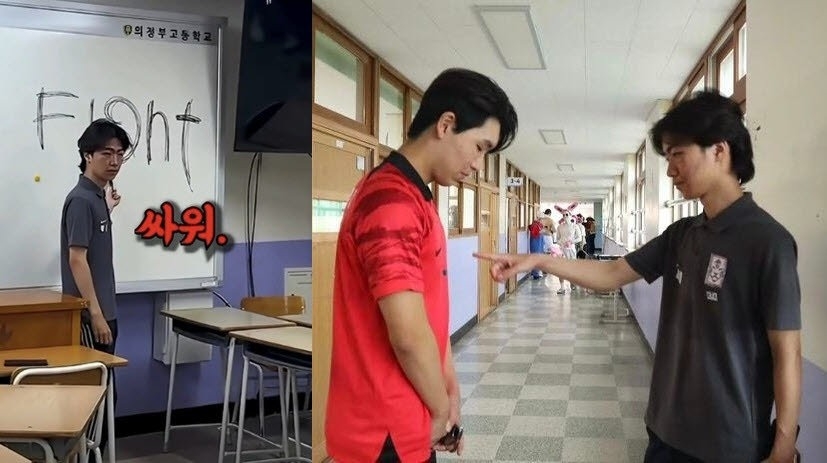 Uijeongbu High School seniors dress as Hong Myung-bo and a national team footballer for their graduation photo, released Monday. (@uhbs.official)