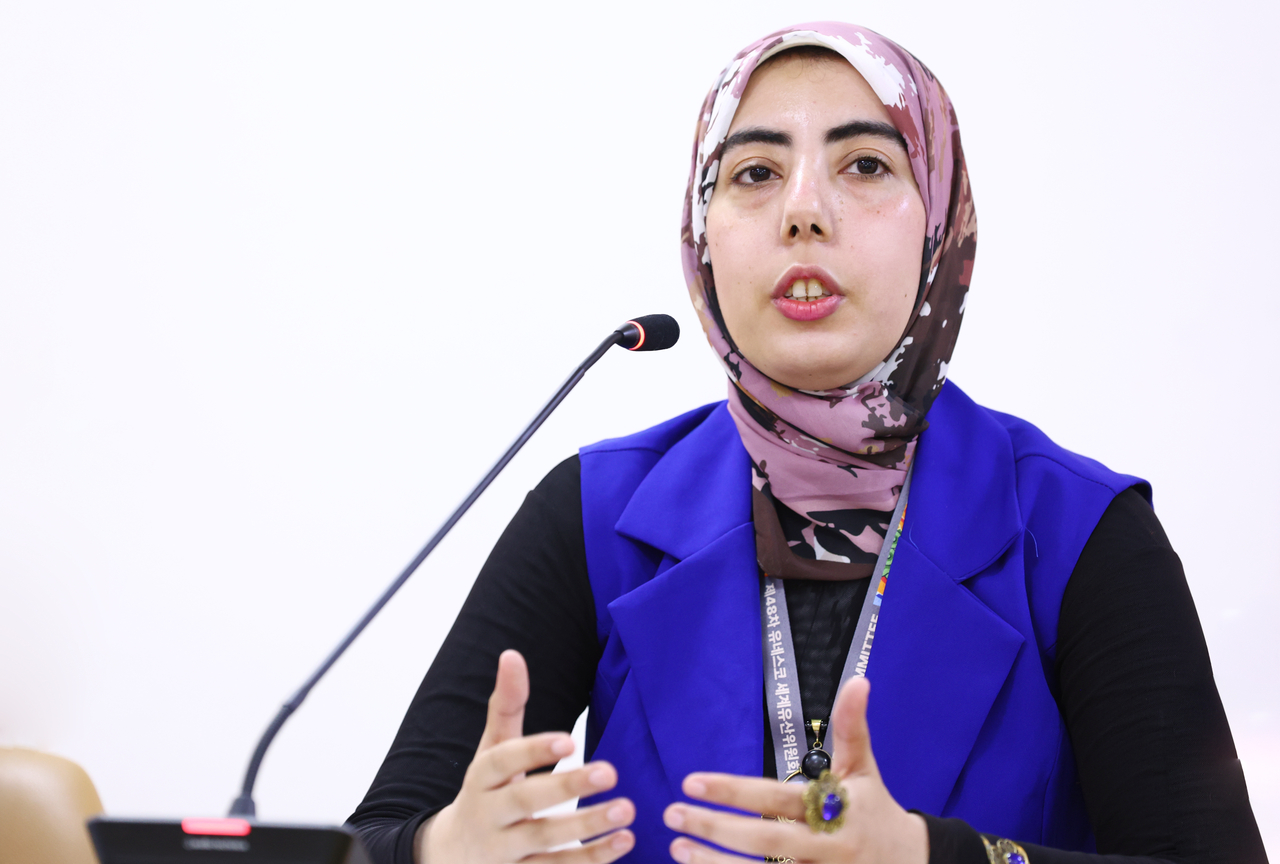 Yasmein Abdo, a participant in the 2026 World Heritage Young Professionals Forum, answers a question during a media interview at the National Palace Museum of Korea in Seoul on Monday. (Yonhap)