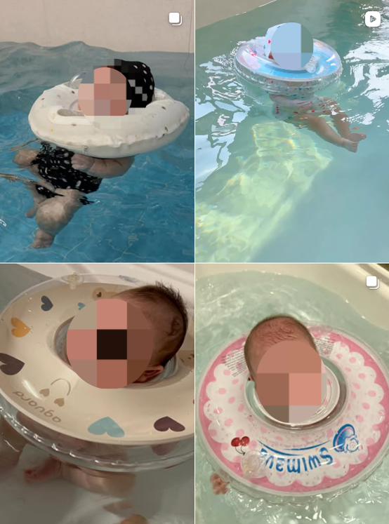 A search for "baby neck float" on Instagram returns numerous photos and short videos of babies floating in bathtubs or pools while wearing neck floats. (Instagram)