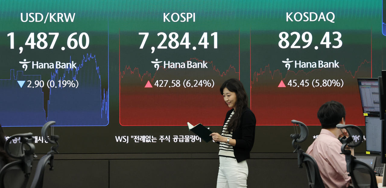 An electronic board showing the Korea Composite Stock Price Index at a dealing room of the Hana Bank headquarters in Seoul on Wednesday. (Yonhap)
