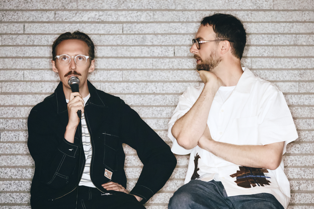James Hatcher (left) of Honne speaks during a media listening party held at Mapo-gu, western Seoul on Tuesday. (Regime International)