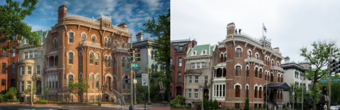 The Old Korean Legation in Washington, D.C., before restoration (left) and its exterior following the completion of restoration work (right) (Riot Games)