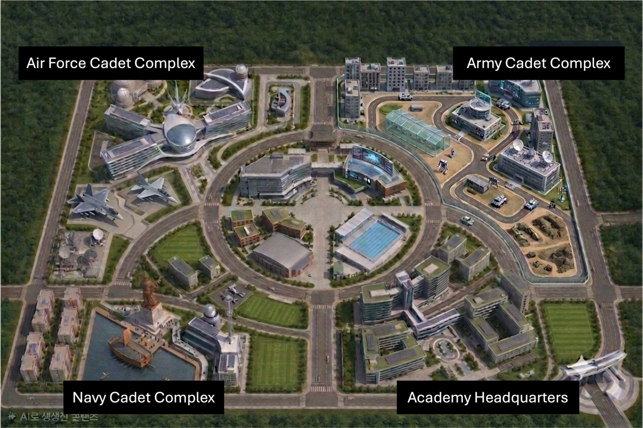 The rendering shows the academy headquarters and separate cadet complexes for the Army, Navy and Air Force within the planned Armed Forces Academy campus in Daejeon. (Ministry of National Defense)