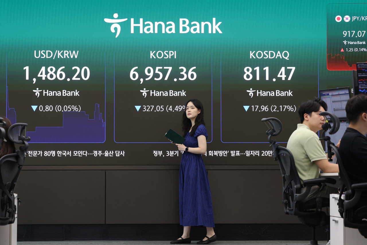 An electronic board showing the Korea Composite Stock Price Index at a dealing room of the Hana Bank headquarters in Seoul on Thursday. (Yonhap)