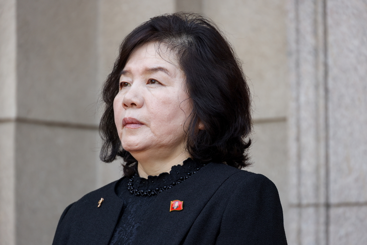 North Korea's Foreign Minister Choe Son-hui attends a ceremony in May to unveil a plaque in memory of Alexander Matsegora, Russian ambassador to North Korea (2014-2025), at the Russian Embassy. (TASS-Yonhap)