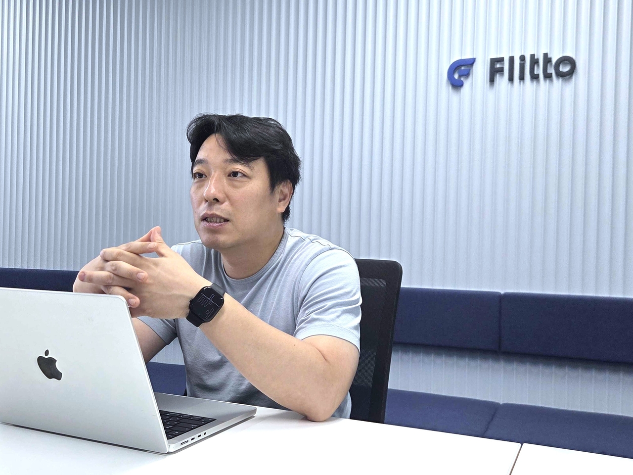 Lee Jung-soo, founder and CEO of Flitto and known internationally as Simon Lee, speaks during an interview with The Korea Herald at the company's Gangnam headquarters in Seoul on July 13. (Flitto)