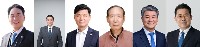 왼쪽부터 장길선(민주당), 이창호(조국혁신당), 이현창(무소속), 전경태(무소속), 정현택(무소속), 정택균(무소속)
