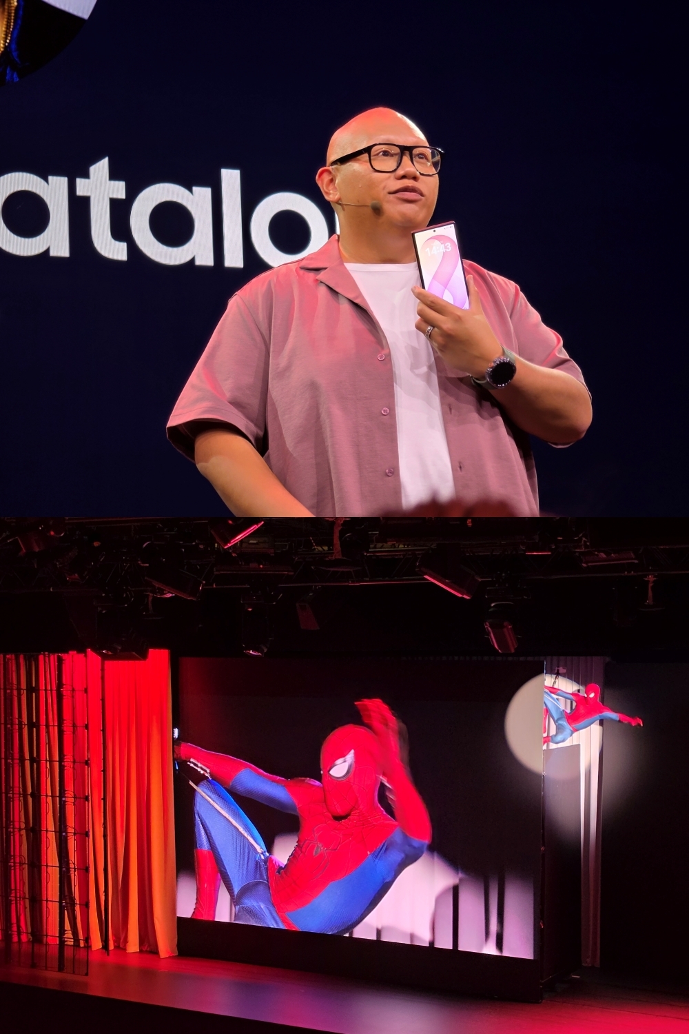 Actor Jacob Batalon (top), best known for playing Ned Leeds in the “Spider-Man” films, appears alongside Spider-Man at Old Billingsgate in London on Wednesday, the venue for Samsung Electronics’ Galaxy Unpacked 2026 event. (Jie Ye-eun/The Korea Herald)