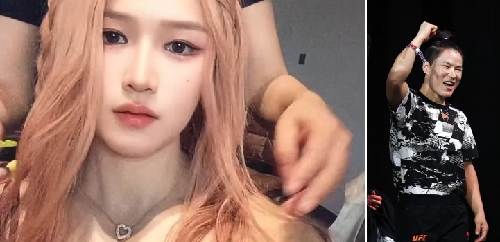 UFC 전 챔피언 장 웨일리가 아이돌 메이크업을 받아 깜짝 놀랄 미녀로 변신했다. 오른쪽 사진은 평소 그의 모습 [장웨일리 SNS·게티이미지]