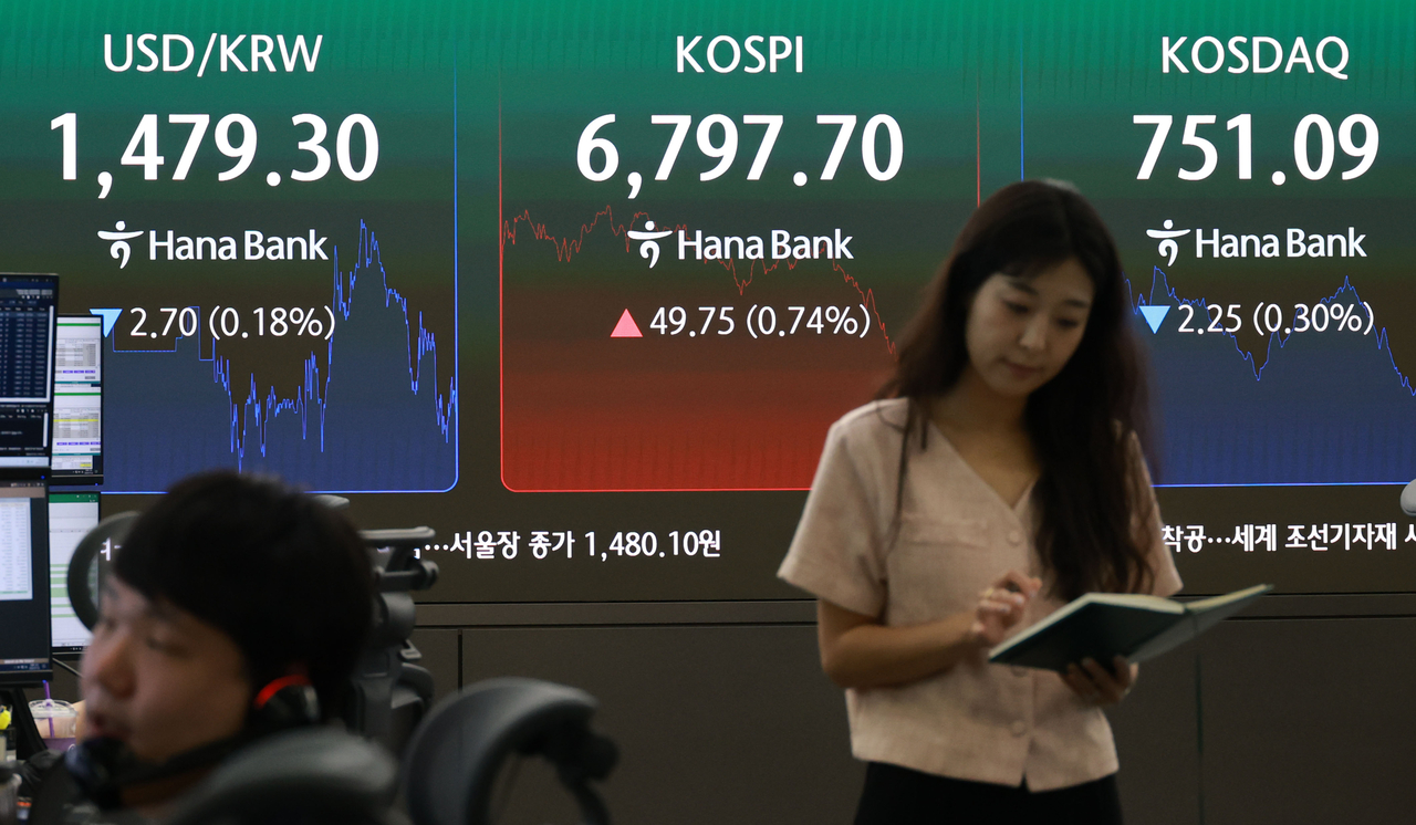 An electronic board showing the Korea Composite Stock Price Index at a dealing room of the Hana Bank headquarters in Seoul on Wednesday (Yonhap).