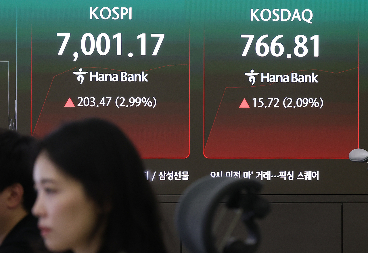 An electronic board showing the Korea Composite Stock Price Index at a dealing room of the Hana Bank headquarters in Seoul on Thursday. (Yonhap)