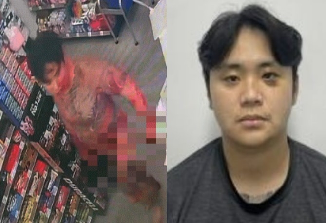정재환이 범행 직후 인근 편의점에 피범벅 알몸으로 간 모습(좌, 피해자 측 제공), 경찰이 공개한 정재환 신상(우, 경찰)