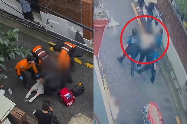 The victim receives emergency treatment from paramedics (left) while police arrest the suspect in western Seoul on Thursday. (MBN)