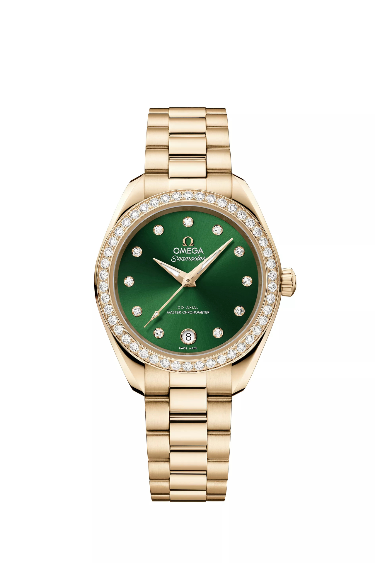 Aqua Terra 30 mm in 18-karat Moonshine Gold from the Seamaster collection, with a diamond-paved bezel and a green sun-brushed dial (Omega)