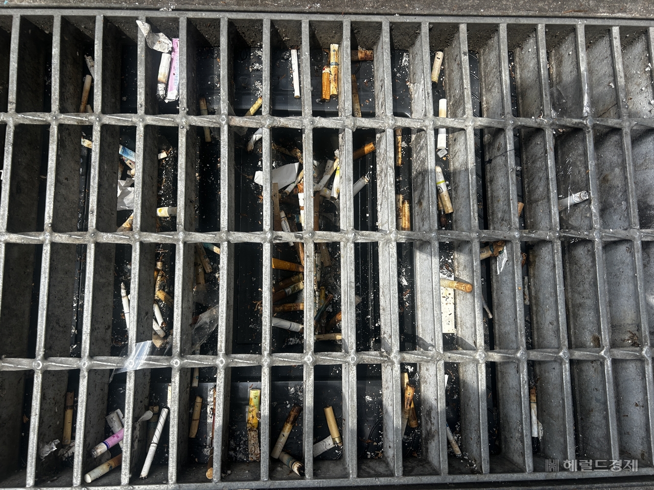 A storm drain near Gangnam Station littered with cigarette butts, Friday afternoon. (Lee Jun-young/The Herald Business)