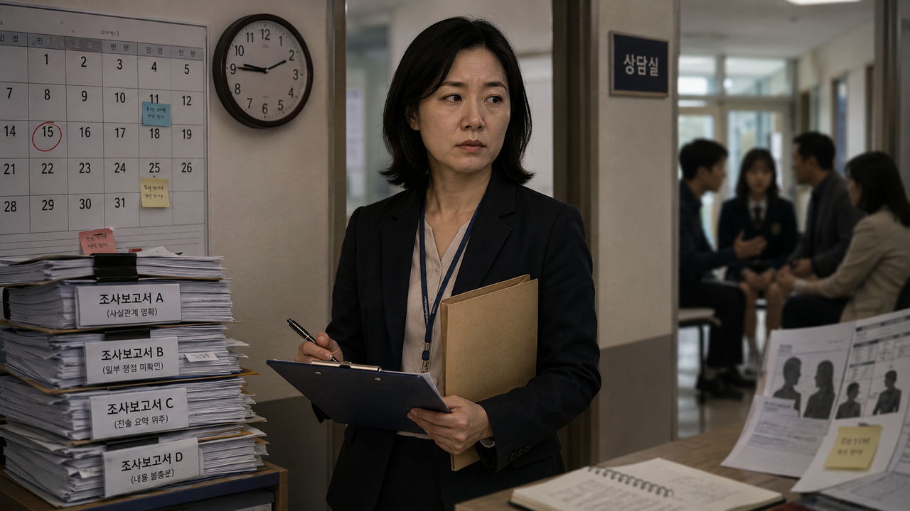 학교폭력 전담조사관이 학교폭력 상황을 조사하고 있는 모습. [챗GPT로 제작]