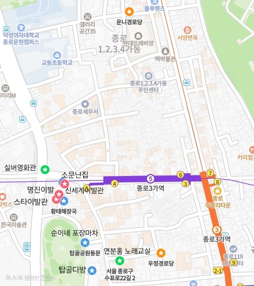 23~24일 양일간 헤럴드경제 취재진이 살펴본 서울 종로구 낙원동 일대 노인들이 즐겨 찾는 장소들. 경로당(주황색), 식당·카페 (파란색), 문화공간(초록색), 이발소(빨간색)으로 지도에 표시한 모습. [네이버 지도]